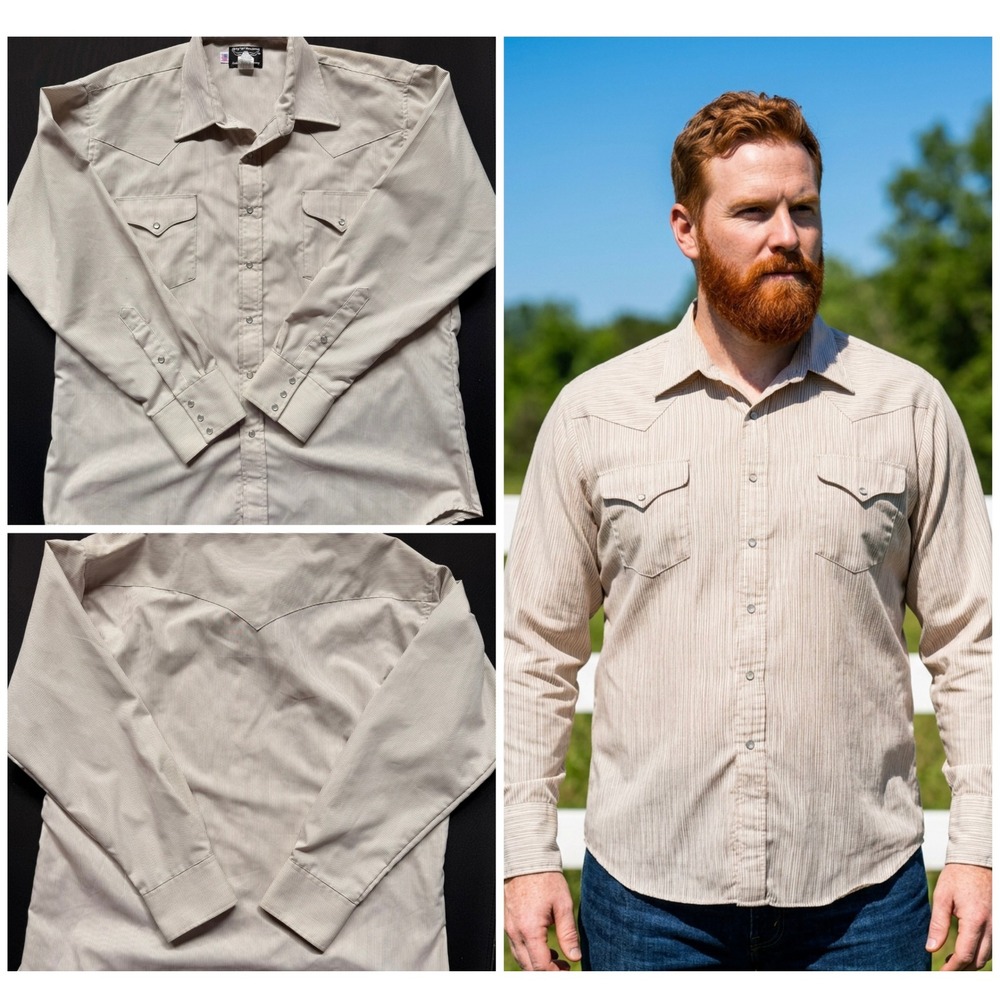 Flying R Ranchwear Mens Tan Pinstripe Western Pearl Snap Shirt 18 36 USA Retro